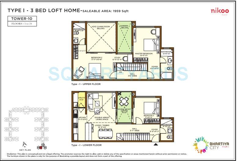 Floor plan of 3 BHK 1959 Sq. Ft. Penthouse in Bhartiya Nikoo Homes, Bangalore