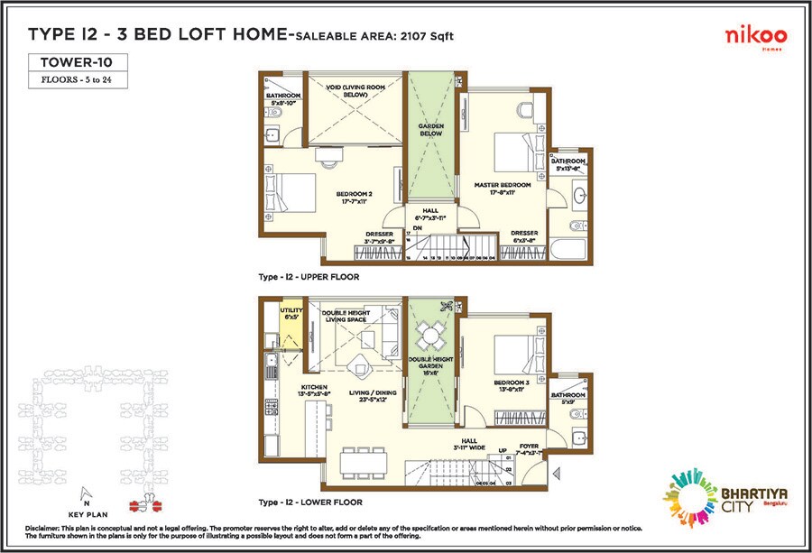 Floor plan of 3 BHK 2107 Sq. Ft. Penthouse in Bhartiya Nikoo Homes, Bangalore