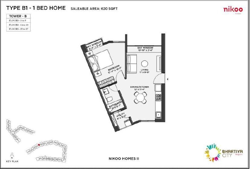  1 BHK Apartment at Bhartiya Nikoo Homes Phase 2, Thanisandra Main Road – for Rent