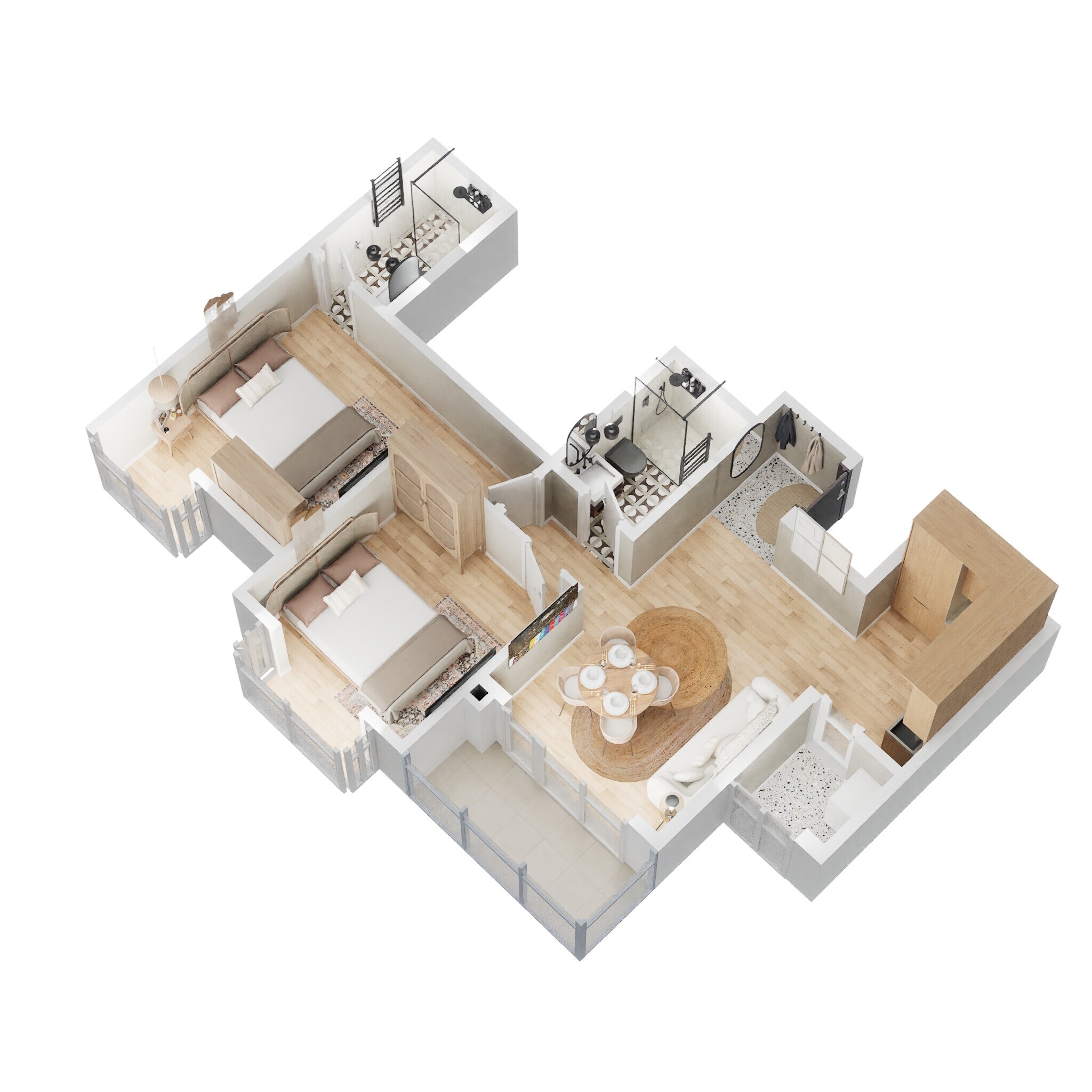 Floor plan of 2 BHK 1079 Sq. Ft. Apartment in Bhartiya Nikoo Homes Phase 2, Bangalore