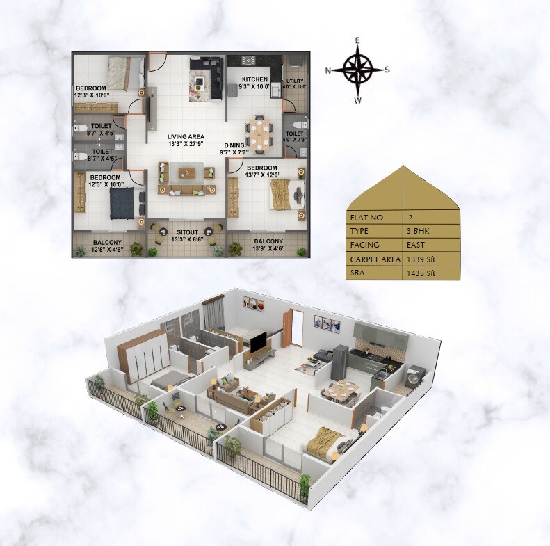Floor plan of 3 BHK 1435 Sq. Ft. Apartment in Bhavisha Bilva, Bangalore