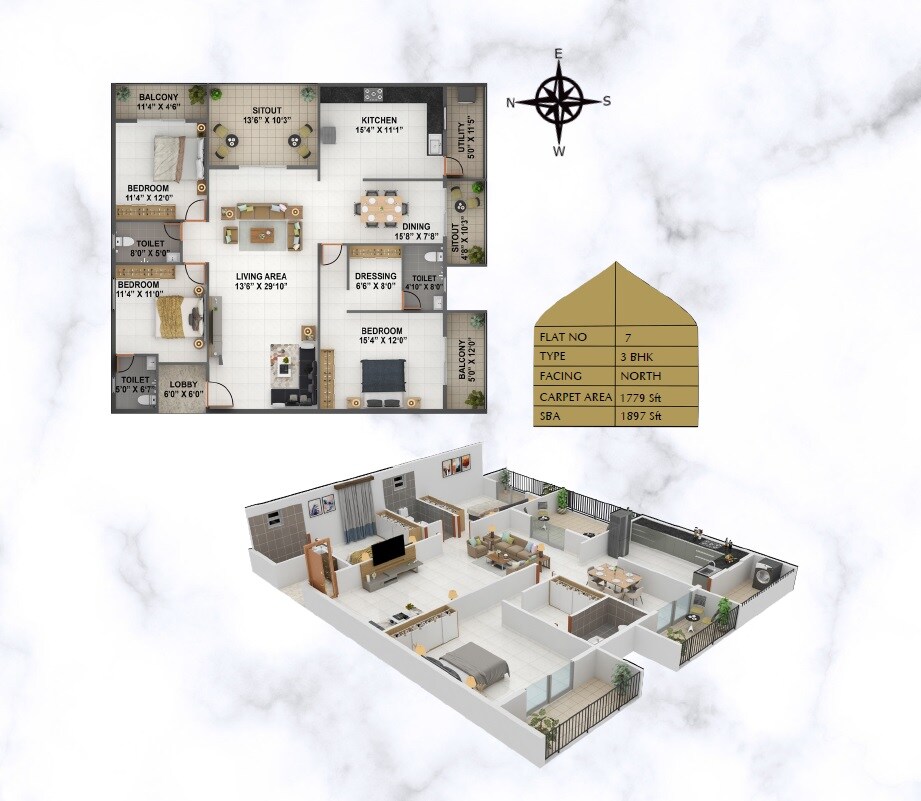 Floor plan of 3 BHK 1897 Sq. Ft. Apartment in Bhavisha Bilva, Bangalore