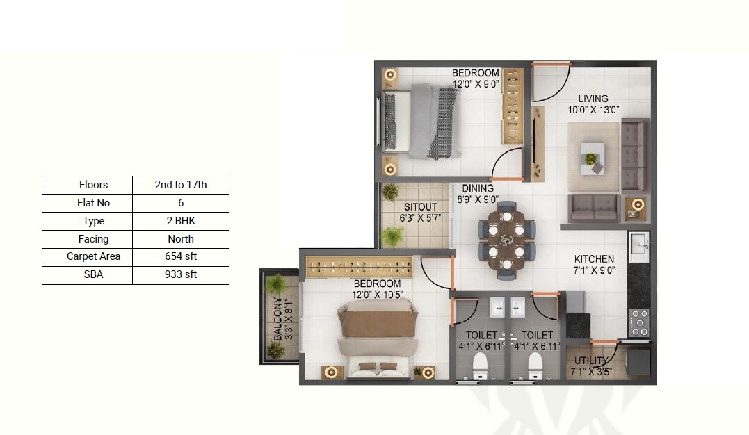 2 BHK 933 Sq. Ft. Apartment