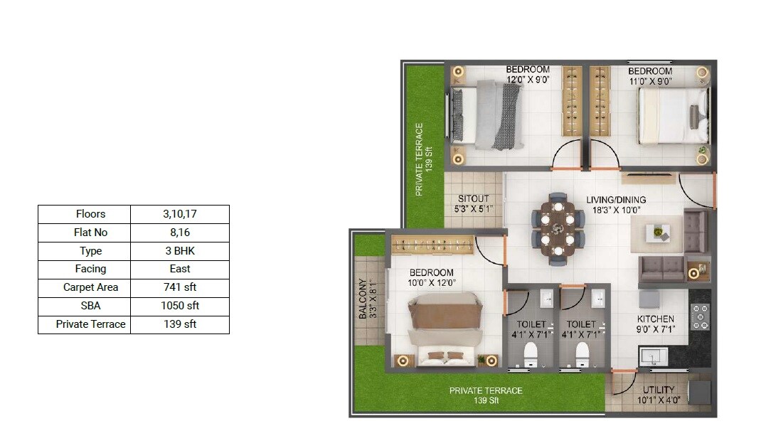 3 BHK 1050 Sq. Ft. Apartment