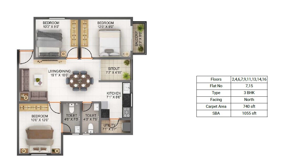 3 BHK 1055 Sq. Ft. Apartment