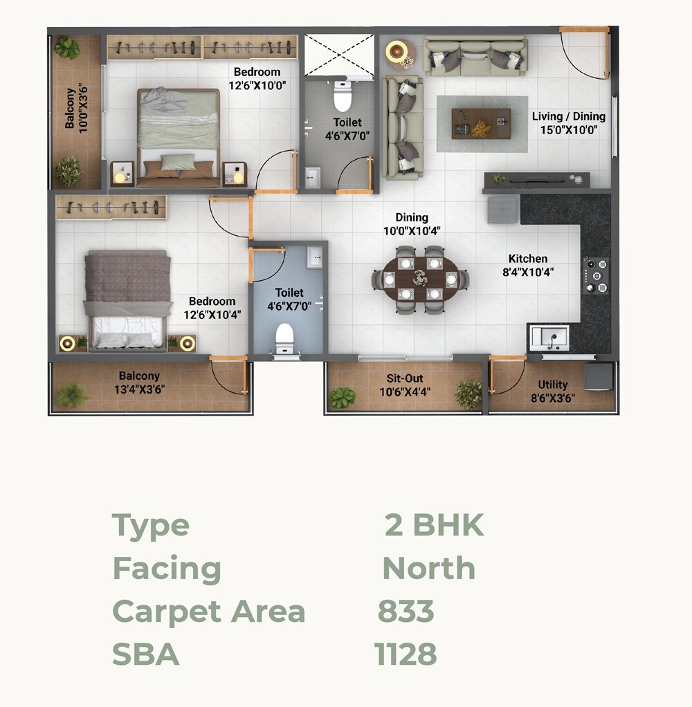 Floor plan of 2 BHK 1128 Sq. Ft. Apartment in Bhavisha Gardeniaa Phase 4, Bangalore