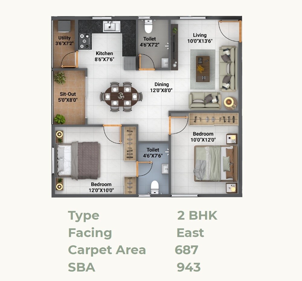 Floor plan of 2 BHK 943 Sq. Ft. Apartment in Bhavisha Gardeniaa Phase 4, Bangalore