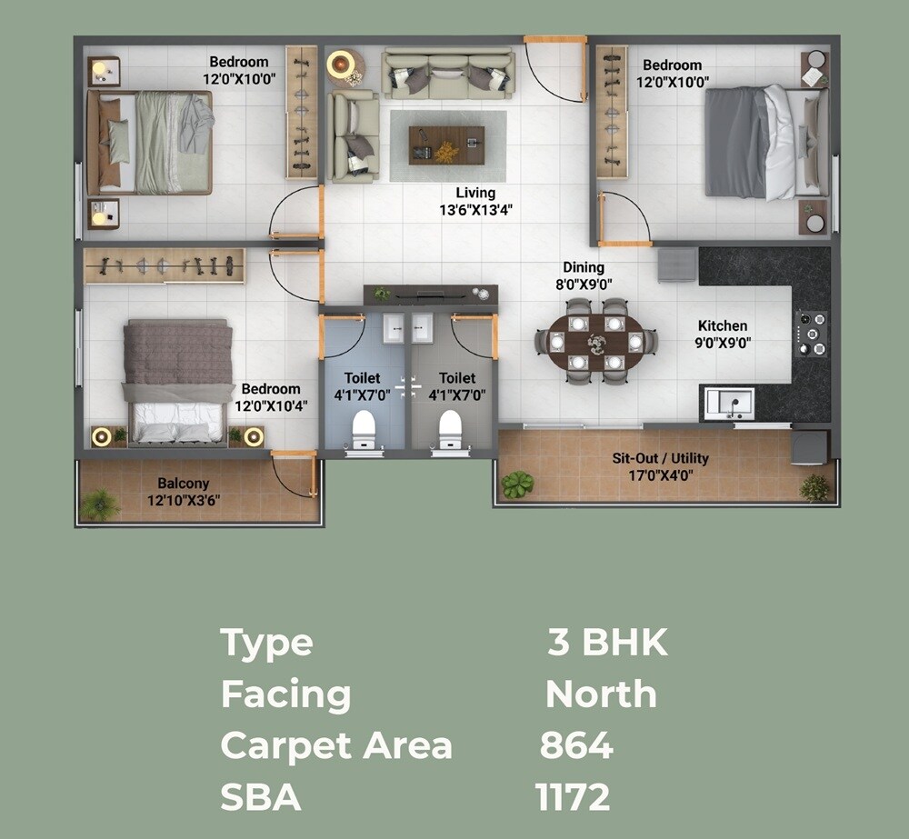 Floor plan of 3 BHK 1172 Sq. Ft. Apartment in Bhavisha Gardeniaa Phase 4, Bangalore