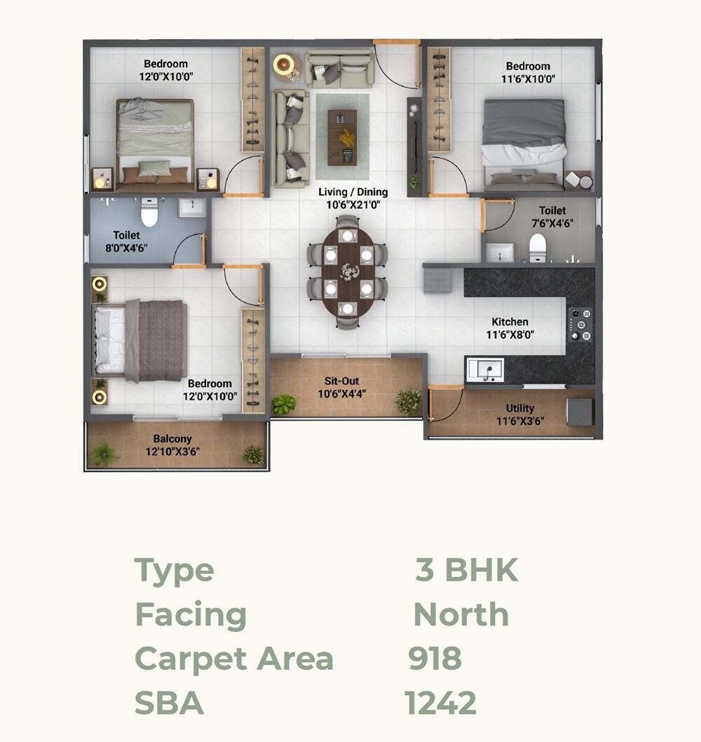 Floor plan of 3 BHK 1242 Sq. Ft. Apartment in Bhavisha Gardeniaa Phase 4, Bangalore