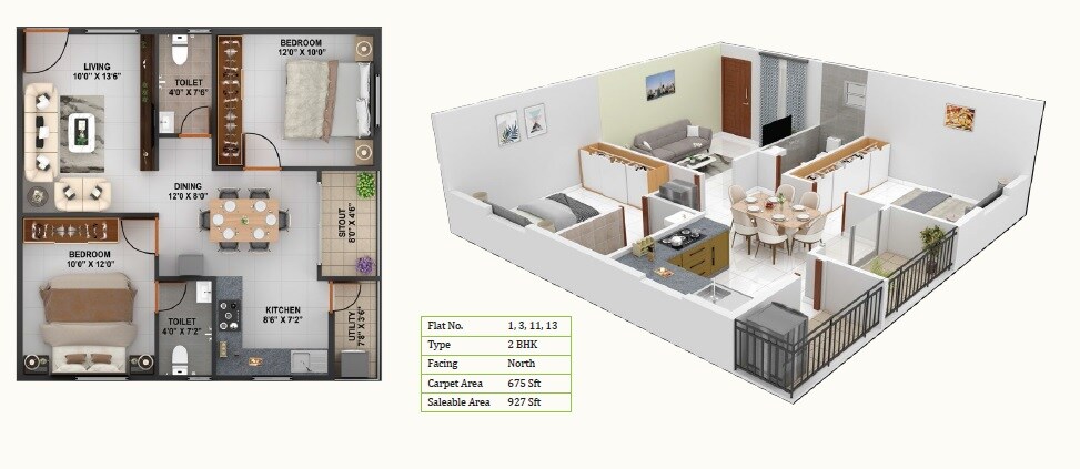 Floor plan of 2 BHK 927 Sq. Ft. Apartment in Bhavisha Meadows, Bangalore