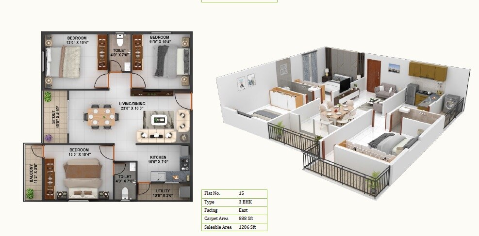 Floor plan of 3 BHK 1206 Sq. Ft. Apartment in Bhavisha Meadows, Bangalore