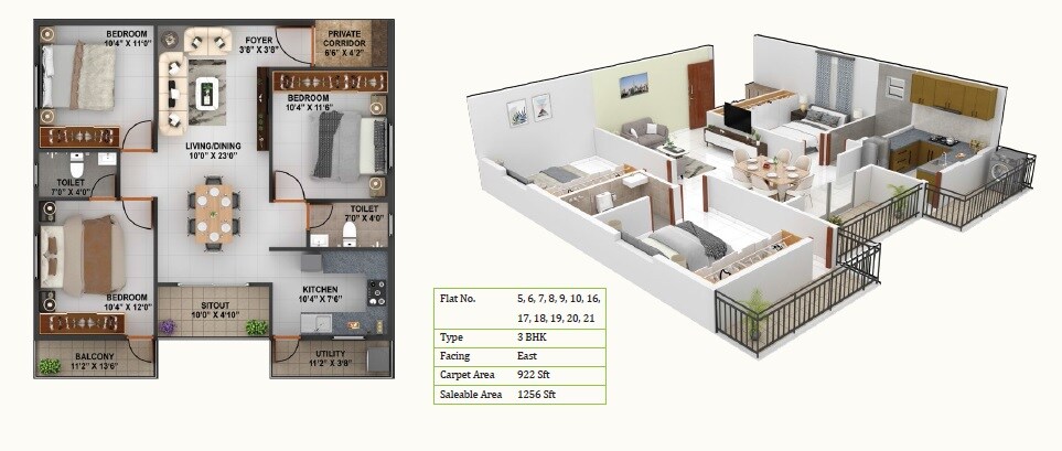 Floor plan of 3 BHK 1256 Sq. Ft. Apartment in Bhavisha Meadows, Bangalore