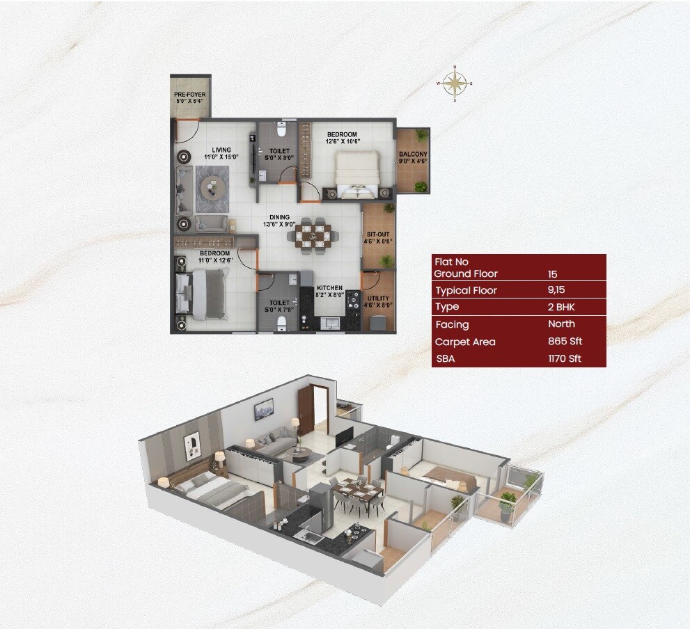 Floor plan of 2 BHK 1170 Sq. Ft. Apartment in Bhavisha Raaga, Bangalore