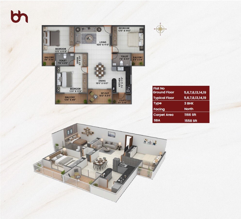 Floor plan of 3 BHK 1558 Sq. Ft. Apartment in Bhavisha Raaga, Bangalore