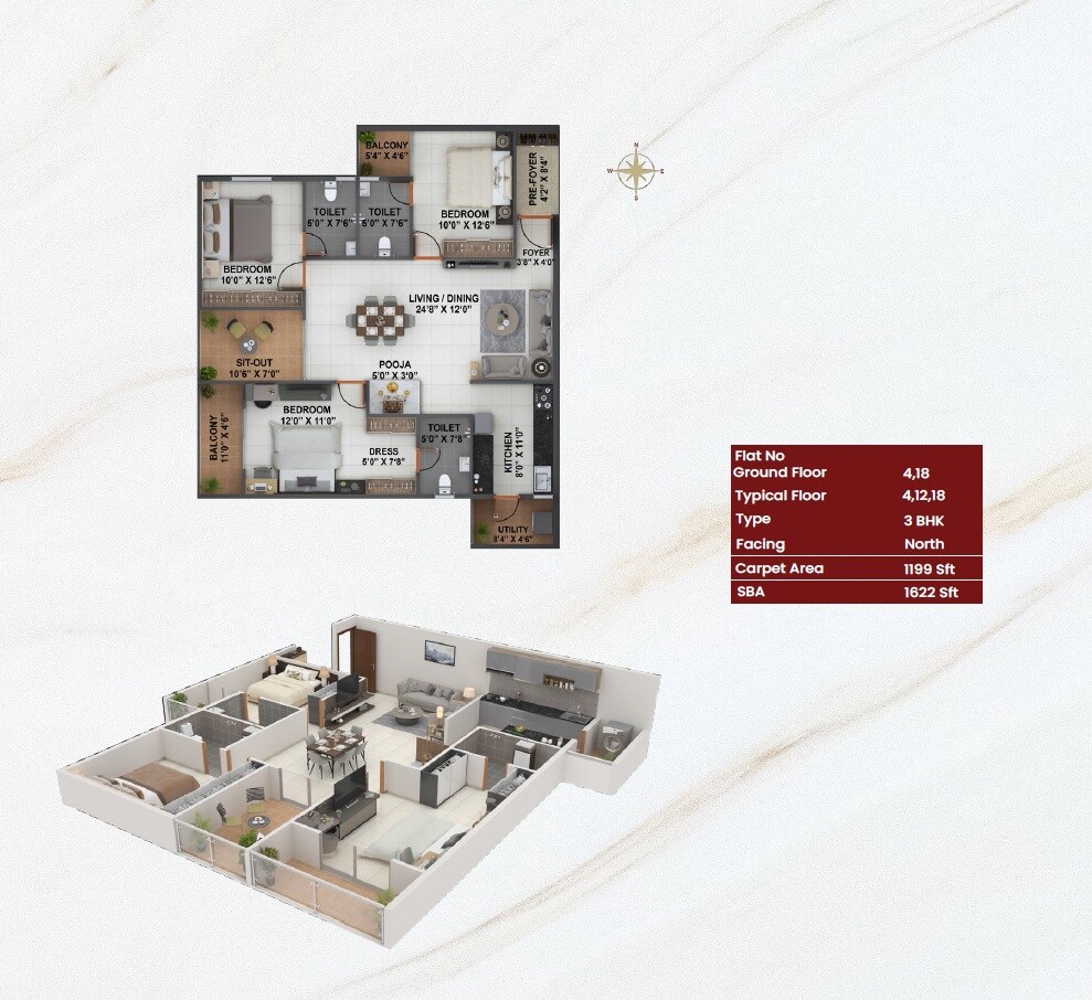 Floor plan of 3 BHK 1622 Sq. Ft. Apartment in Bhavisha Raaga, Bangalore