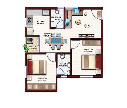 Floor plan of 2 BHK 683 Sq. Ft. Apartment in Bhavisha Urban Homes, Bangalore