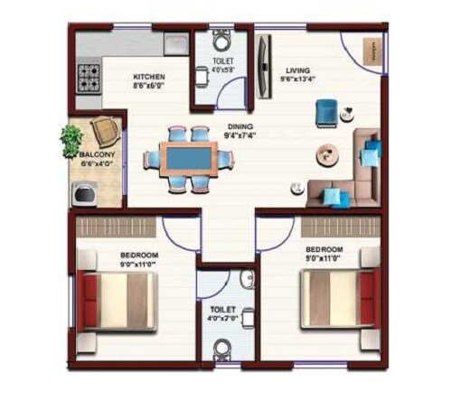 Floor plan of 2 BHK 685 Sq. Ft. Apartment in Bhavisha Urban Homes, Bangalore