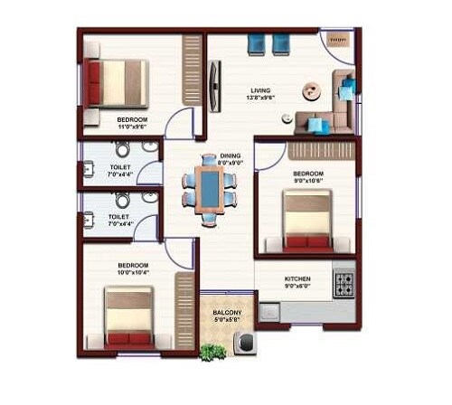 Floor plan of 3 BHK 947 Sq. Ft. Apartment in Bhavisha Urban Homes, Bangalore