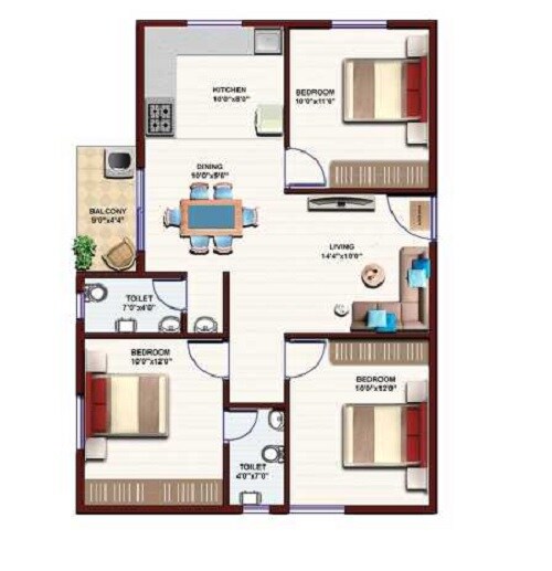 Floor plan of 3 BHK 951 Sq. Ft. Apartment in Bhavisha Urban Homes, Bangalore
