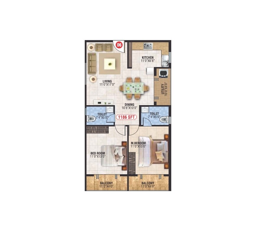 Floor plan of 2 BHK 1186 Sq. Ft. Apartment in Bhoo Aabharana, Bangalore