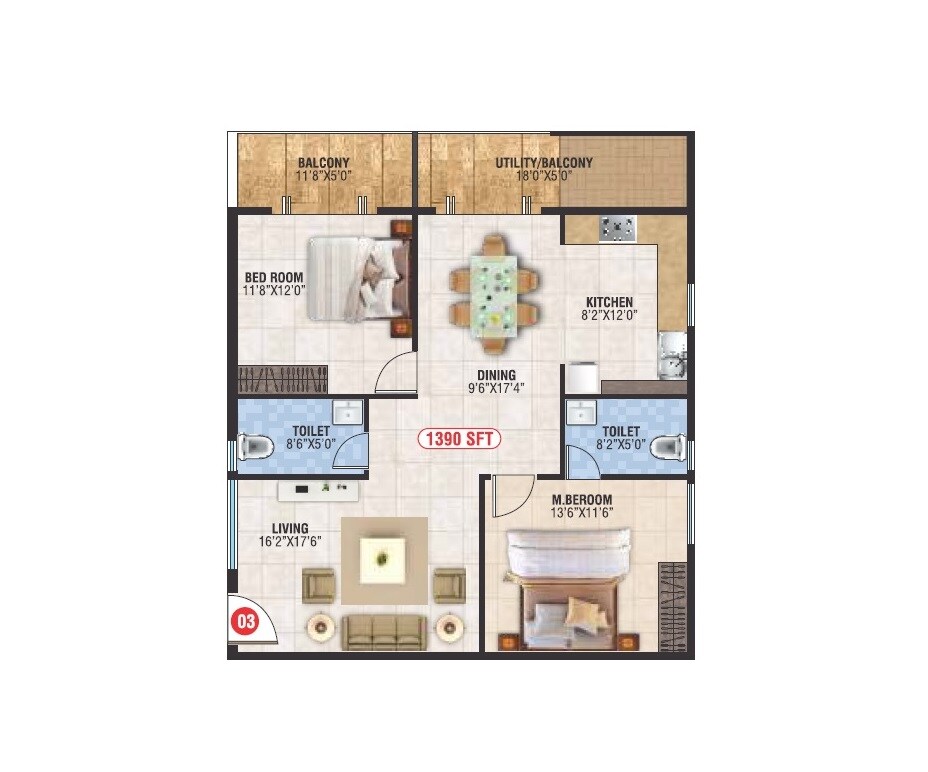 Floor plan of 2 BHK 1390 Sq. Ft. Apartment in Bhoo Aabharana, Bangalore