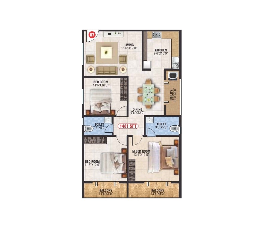 Floor plan of 3 BHK 1481 Sq. Ft. Apartment in Bhoo Aabharana, Bangalore