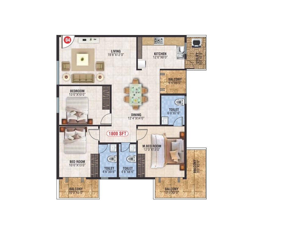 Floor plan of 3 BHK 1800 Sq. Ft. Apartment in Bhoo Aabharana, Bangalore