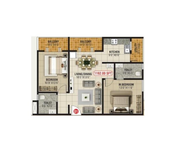 Floor plan of 2 BHK 1192 Sq. Ft. Apartment in Bhoo Unnathi Vaibhavi, Bangalore