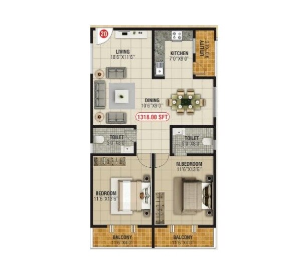 Floor plan of 2 BHK 1318 Sq. Ft. Apartment in Bhoo Unnathi Vaibhavi, Bangalore