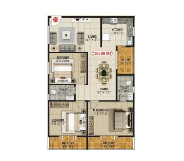Floor plan of 3 BHK 1505 Sq. Ft. Apartment in Bhoo Unnathi Vaibhavi, Bangalore