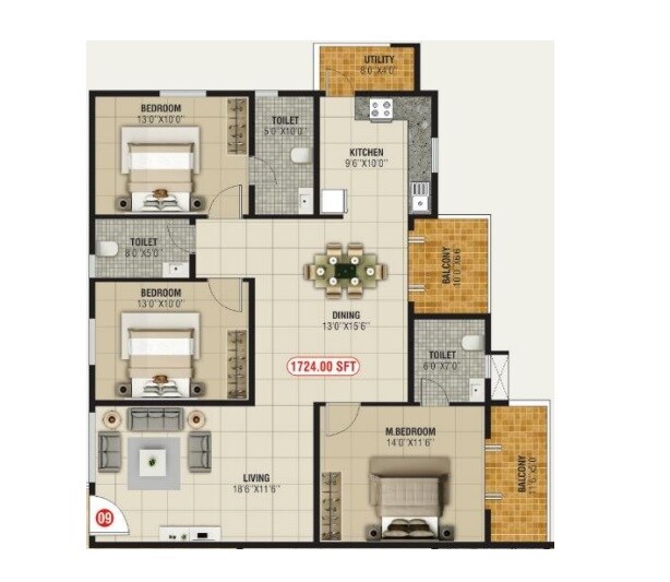 Floor plan of 3 BHK 1724 Sq. Ft. Apartment in Bhoo Unnathi Vaibhavi, Bangalore
