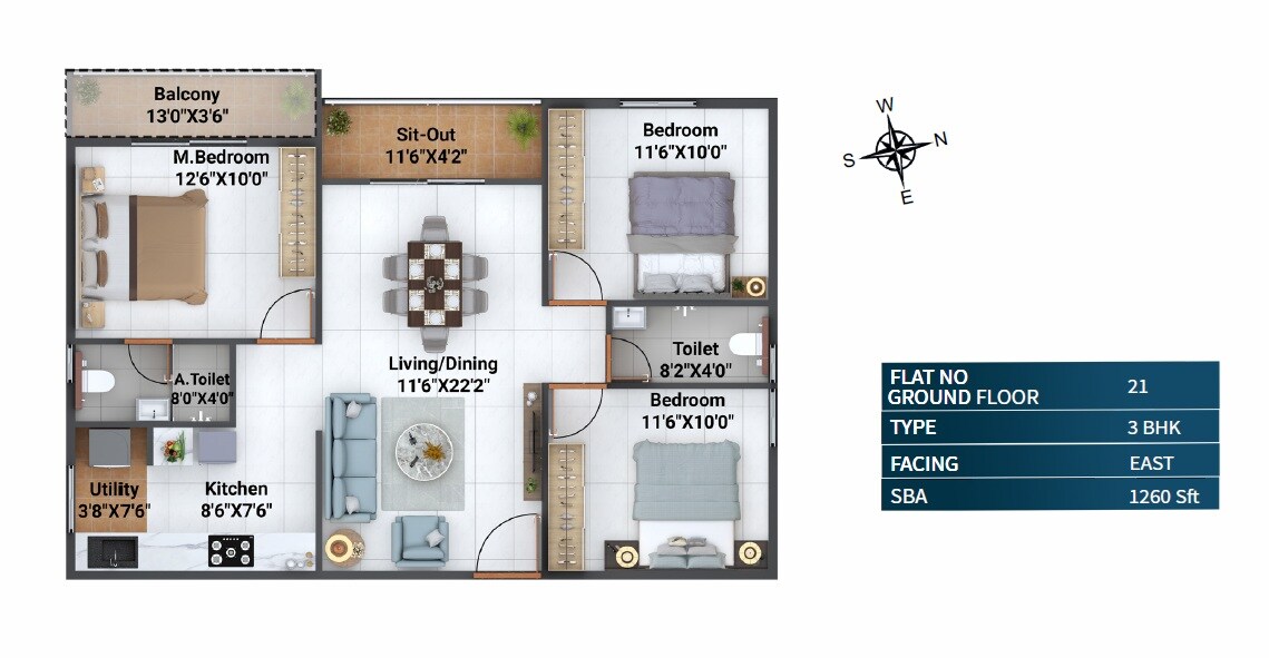 3 BHK 1260 Sq. Ft. Apartment