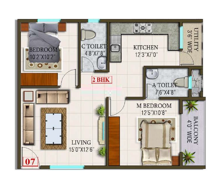 Floor plan of 2 BHK 1047 Sq. Ft. Apartment in Bhoomika Sunrise, Bangalore