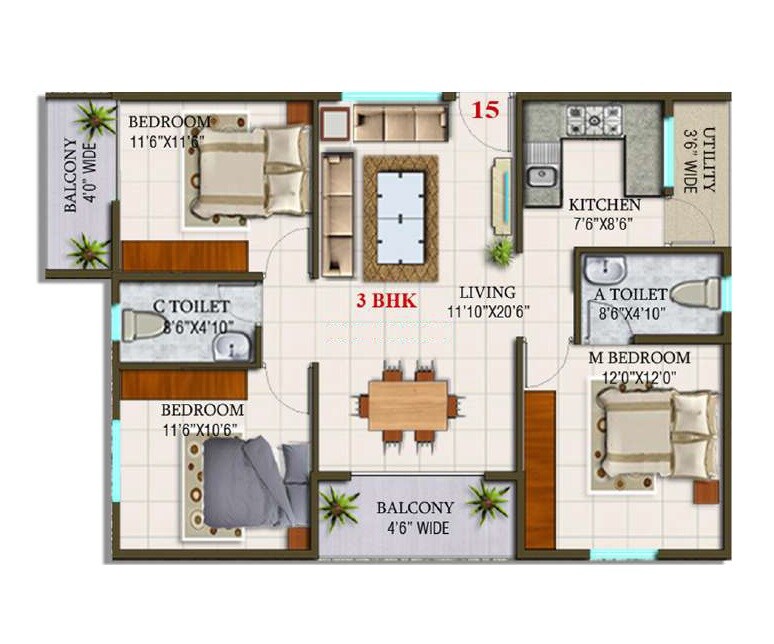 Floor plan of 3 BHK 1310 Sq. Ft. Apartment in Bhoomika Sunrise, Bangalore