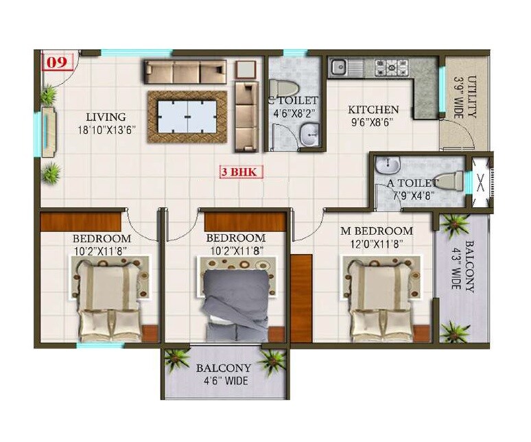 Floor plan of 3 BHK 1427 Sq. Ft. Apartment in Bhoomika Sunrise, Bangalore