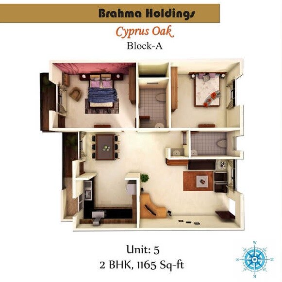 Floor plan of 2 BHK 1165 Sq. Ft. Apartment in Bhrama Cyprus Oak, Bangalore