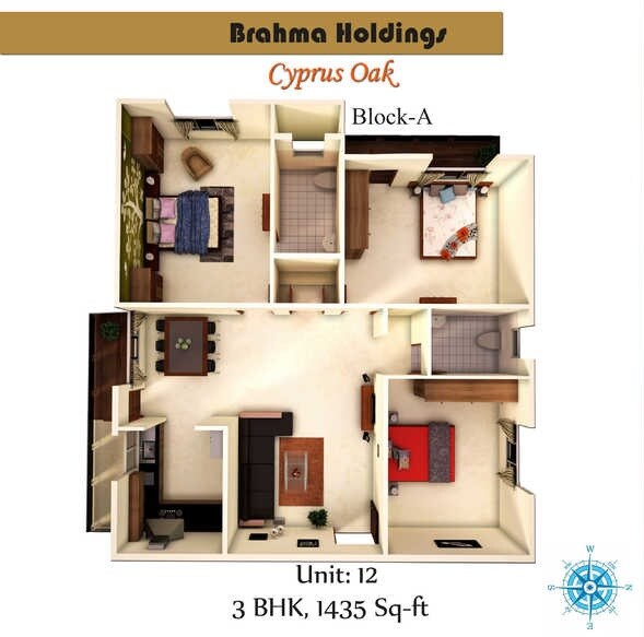 Floor plan of 3 BHK 1435 Sq. Ft. Apartment in Bhrama Cyprus Oak, Bangalore