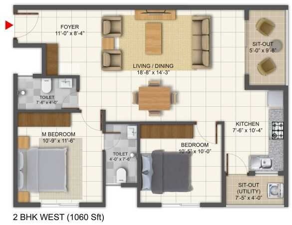 Floor plan of 2 BHK 1060 Sq. Ft. Apartment in Bhuvana Nivaath, Bangalore