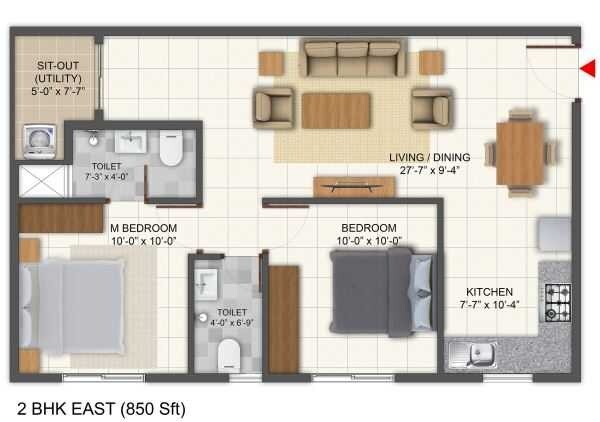 Floor plan of 2 BHK 850 Sq. Ft. Apartment in Bhuvana Nivaath, Bangalore