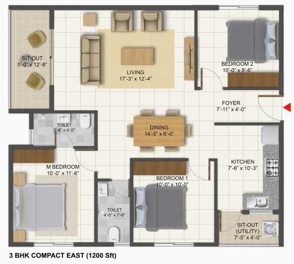 Floor plan of 3 BHK 1200 Sq. Ft. Apartment in Bhuvana Nivaath, Bangalore