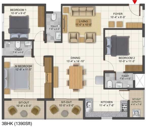 Floor plan of 3 BHK 1390 Sq. Ft. Apartment in Bhuvana Nivaath, Bangalore