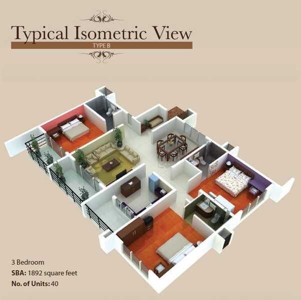 Floor plan of 3 BHK 1892 Sq. Ft. Apartment in Big Banyan Roots, Bangalore