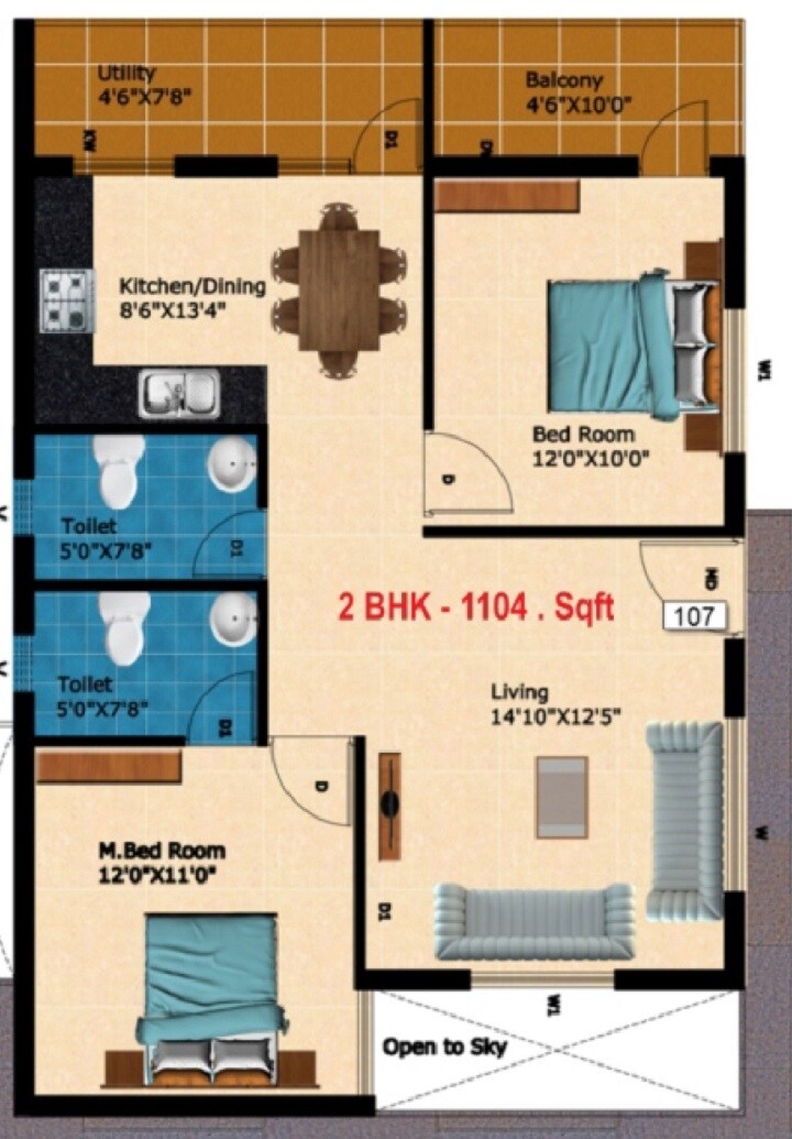 Floor plan of 2 BHK 1104 Sq. Ft. Apartment in Bijith Krupa, Bangalore