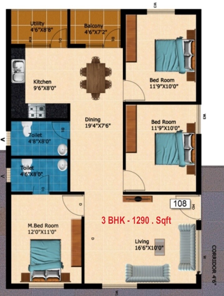 Floor plan of 3 BHK 1290 Sq. Ft. Apartment in Bijith Krupa, Bangalore
