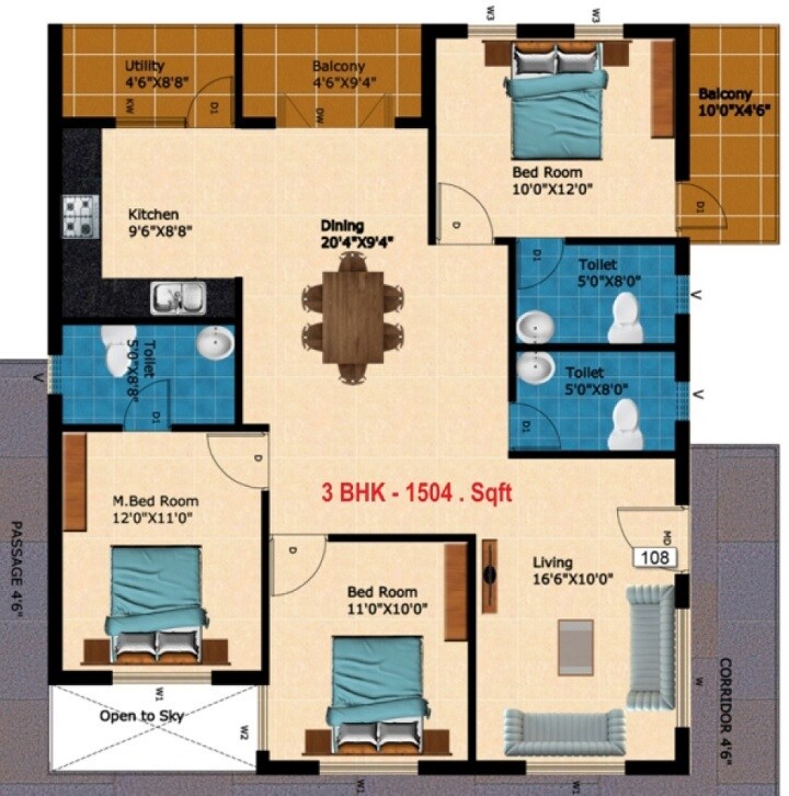 Floor plan of 3 BHK 1504 Sq. Ft. Apartment in Bijith Krupa, Bangalore
