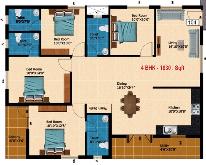 Floor plan of 4 BHK 1830 Sq. Ft. Apartment in Bijith Krupa, Bangalore