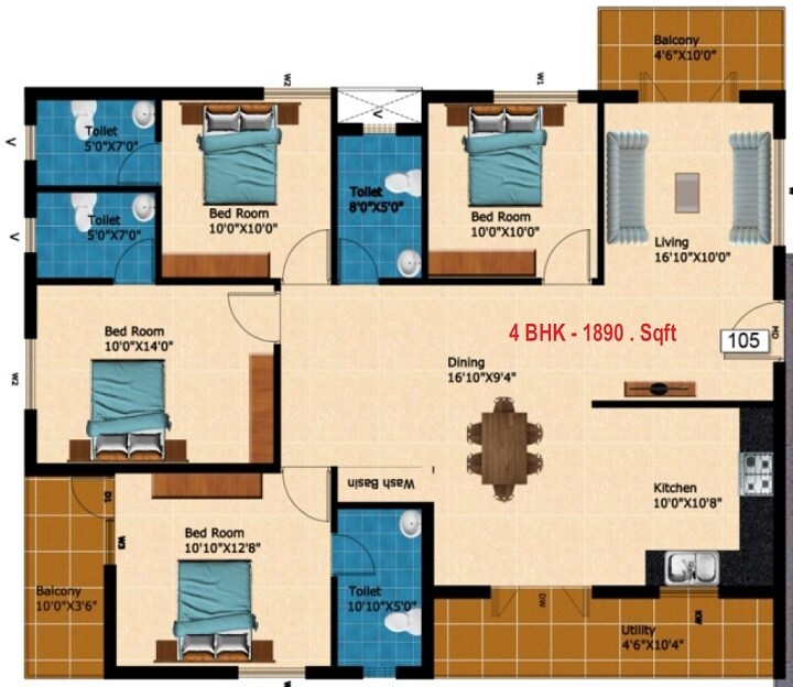Floor plan of 4 BHK 1890 Sq. Ft. Apartment in Bijith Krupa, Bangalore