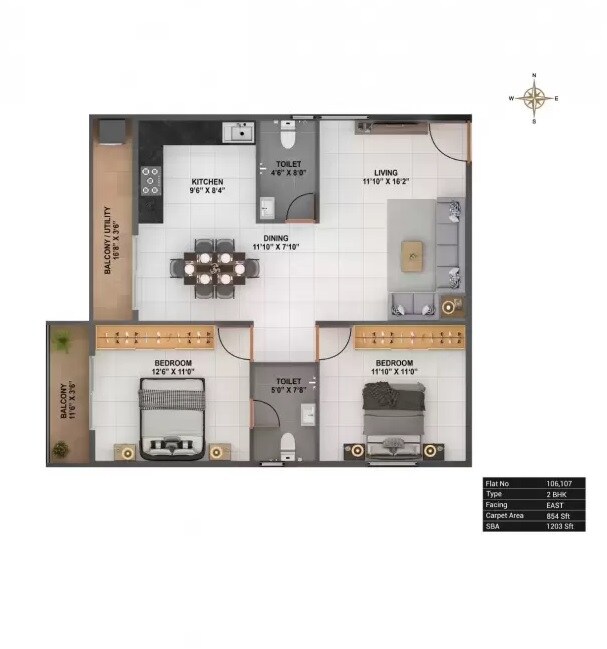 Floor plan of 2 BHK 1203 Sq. Ft. Apartment in Binary Essentia, Bangalore