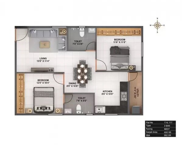 Floor plan of 2 BHK 992 Sq. Ft. Apartment in Binary Essentia, Bangalore