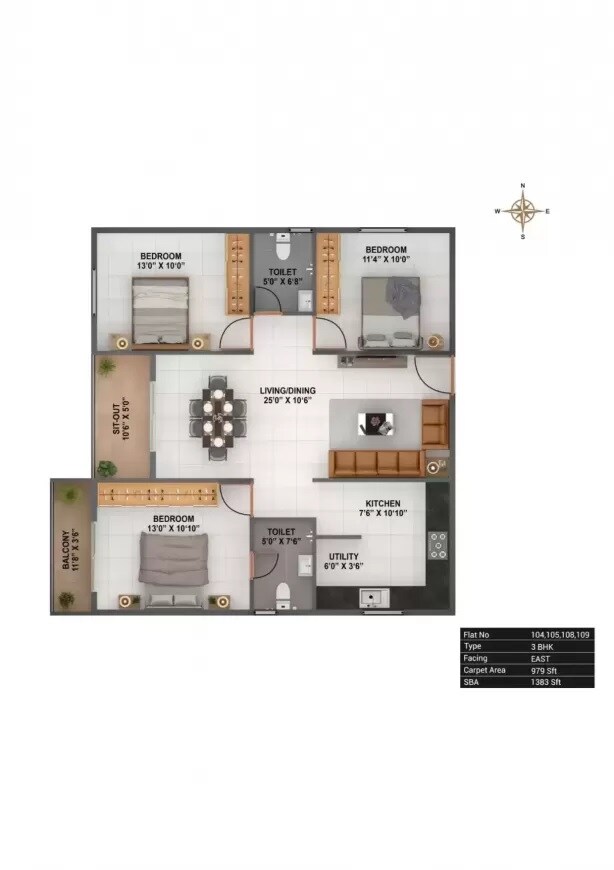 Floor plan of 3 BHK 1383 Sq. Ft. Apartment in Binary Essentia, Bangalore